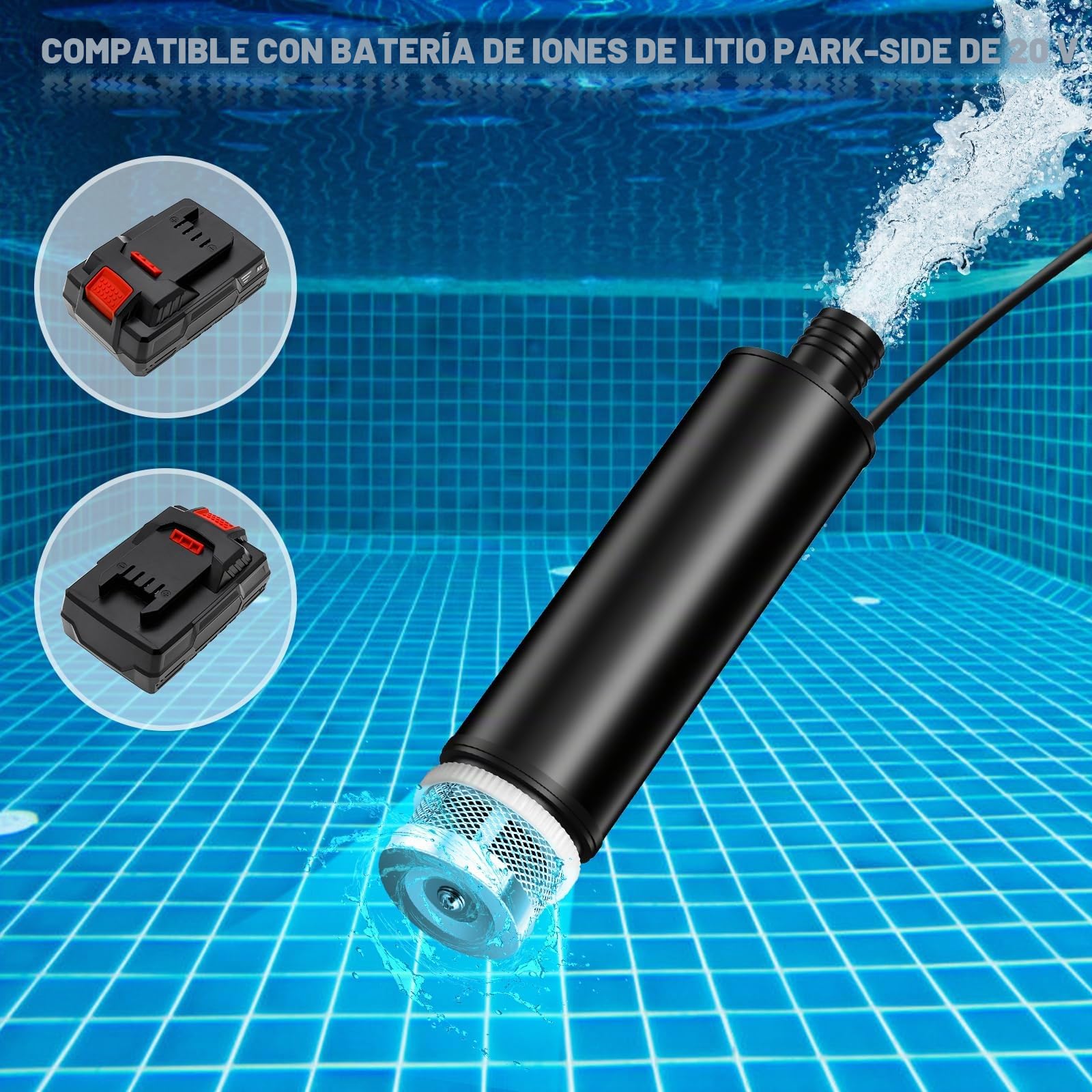 Bomba de agua portátil compatible con batería Parkside de 20 V, velocidad de ralentí del motor 4500 rpm, caudal de 30 l/min, bomba de agua accionada de 15 pies y 120 W para jardín, camping, piscina