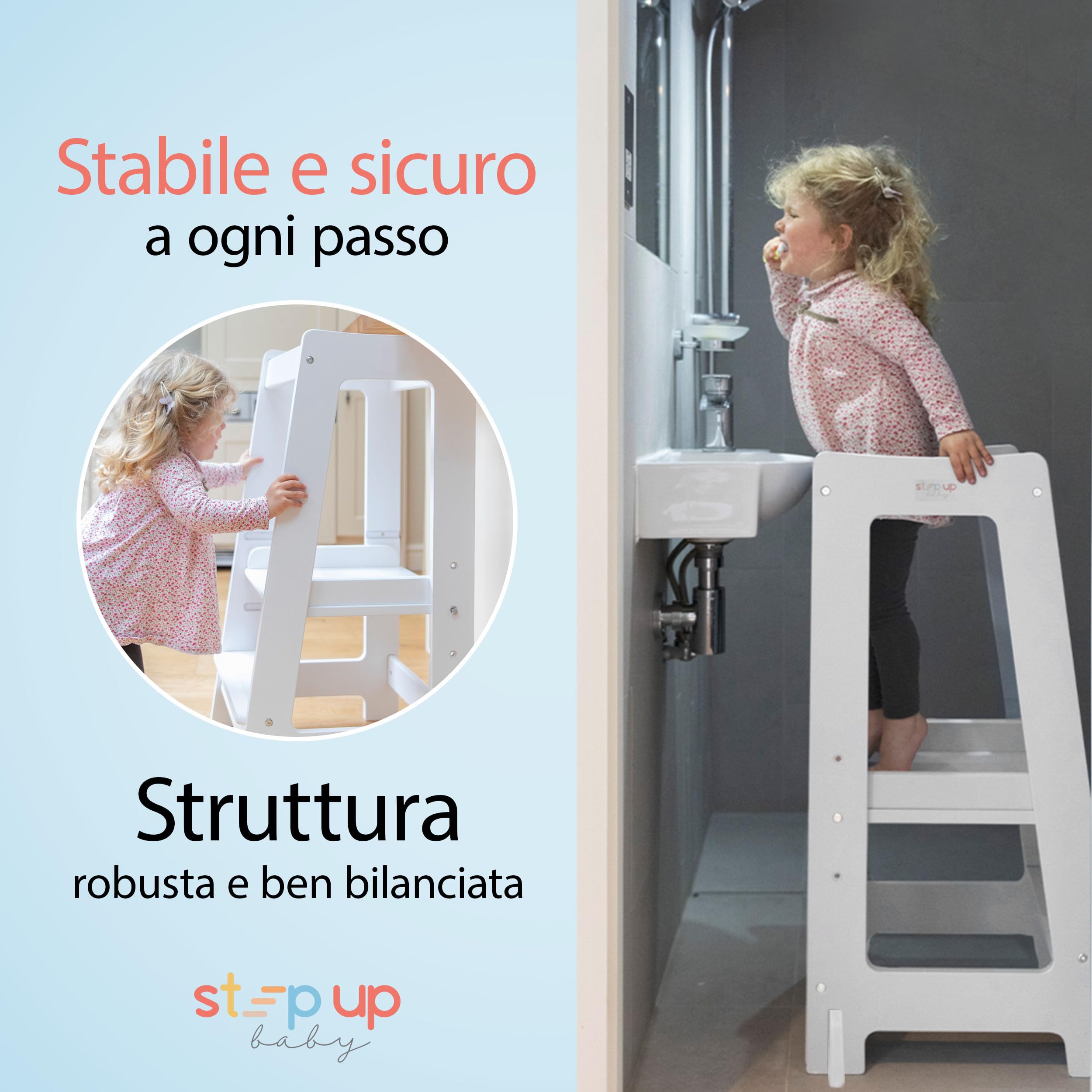 Stepup Baby Torre Montessoriana 3 Altezze Regolabili Torre di Apprendimento Ringhiera Sicurezza Bianco