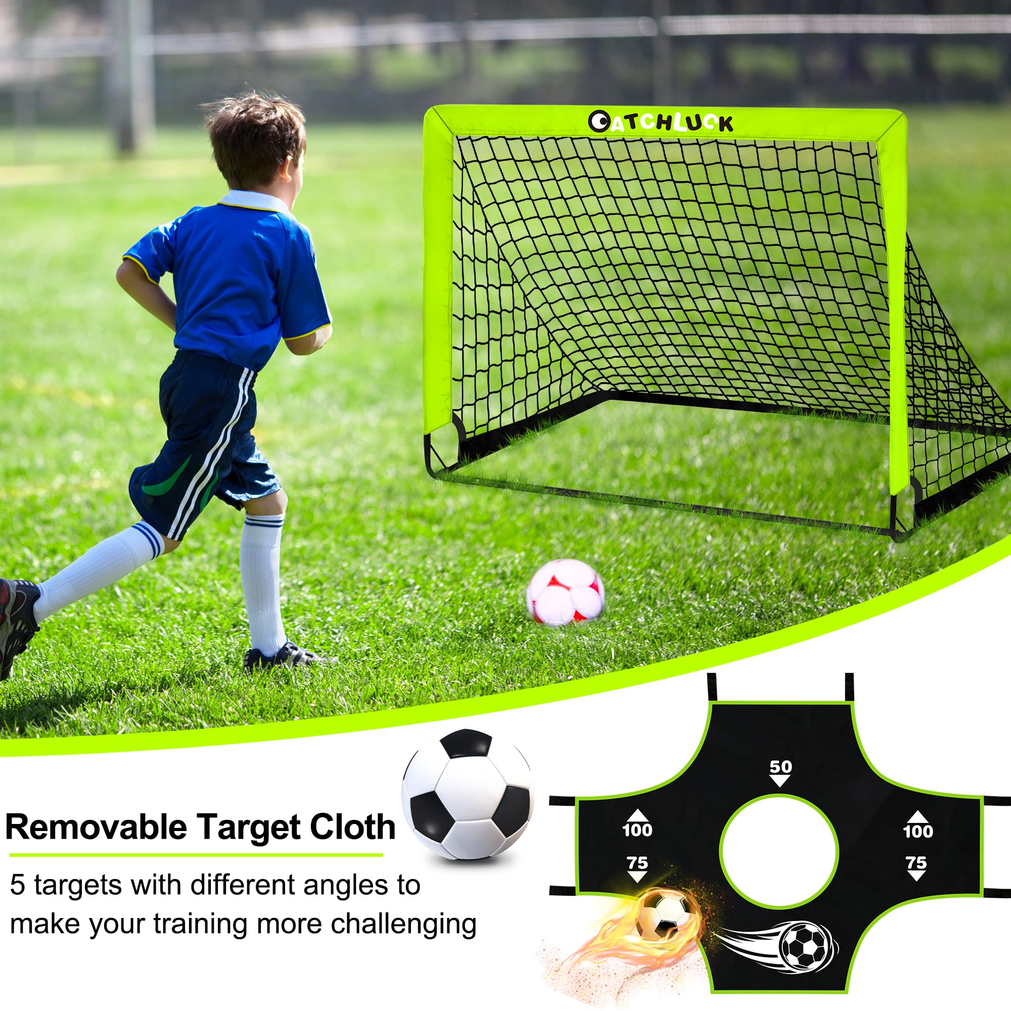 Fussballtore für Kinder Garten Pop Up Fussballtor Kinder Fußball Tore Outdoor mit Zielbereichen, DREI Ziele, Fußball, 6 Hindernisse und Tragetasche