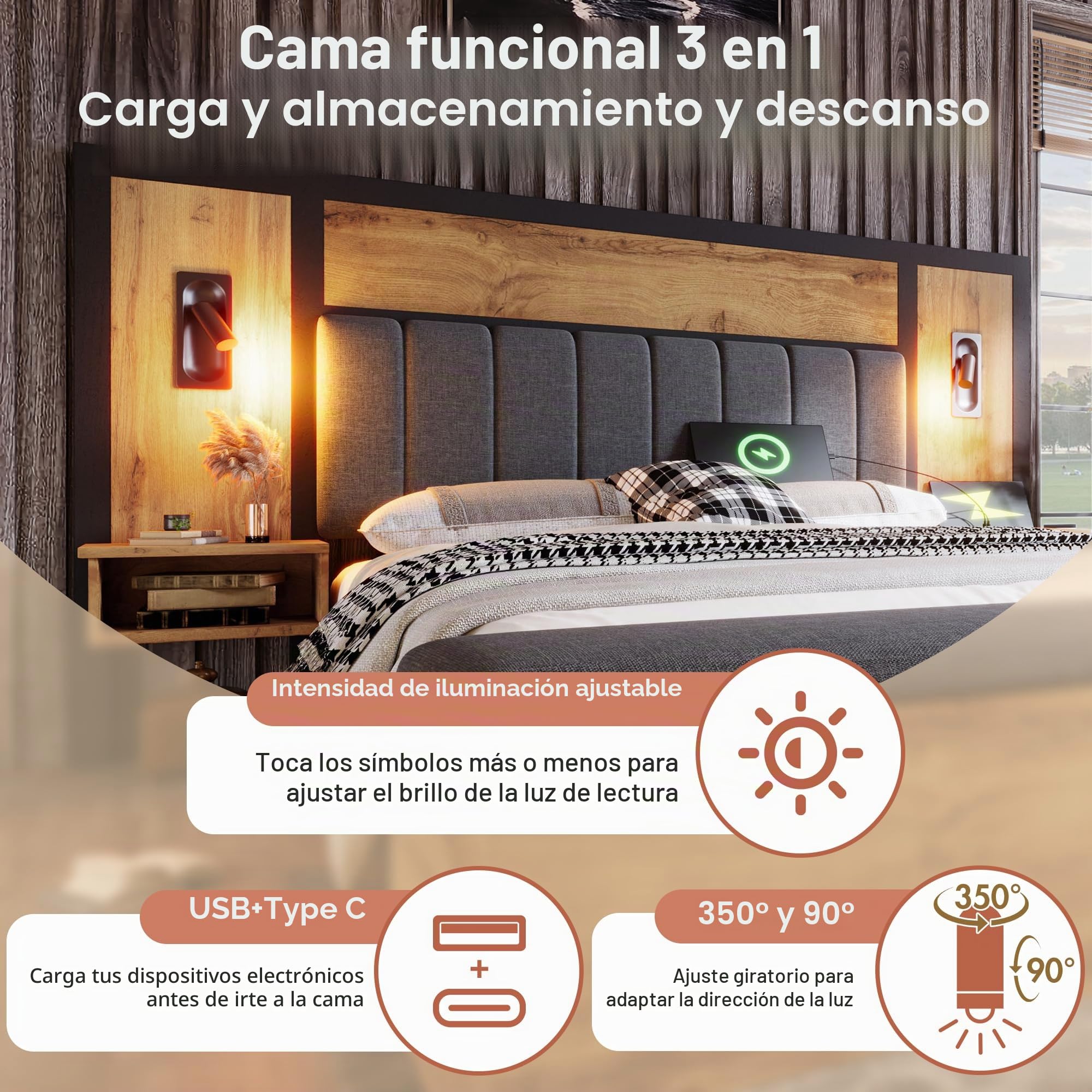 Lubvtti Cama de matrimonio acolchada de 160 x 200 cm, amplio cabecero con luz de lectura y puerto USB, con cajones, cama multifuncional de madera con banco de almacenamiento, color roble (colchón no
