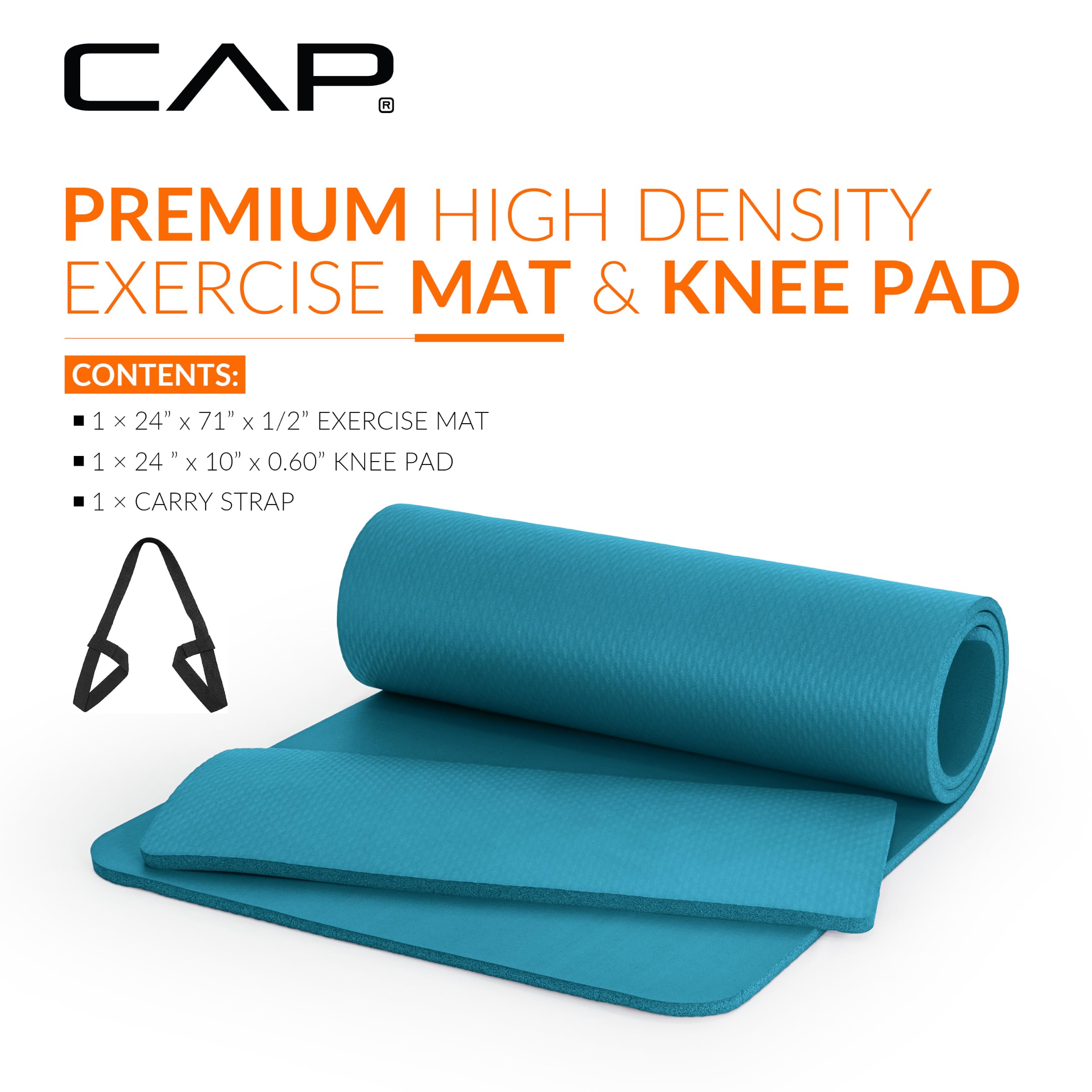 CAP 1/2" Thick Yoga Mat, Exercise Mat with Knee Pad & Strap, Teal view 2