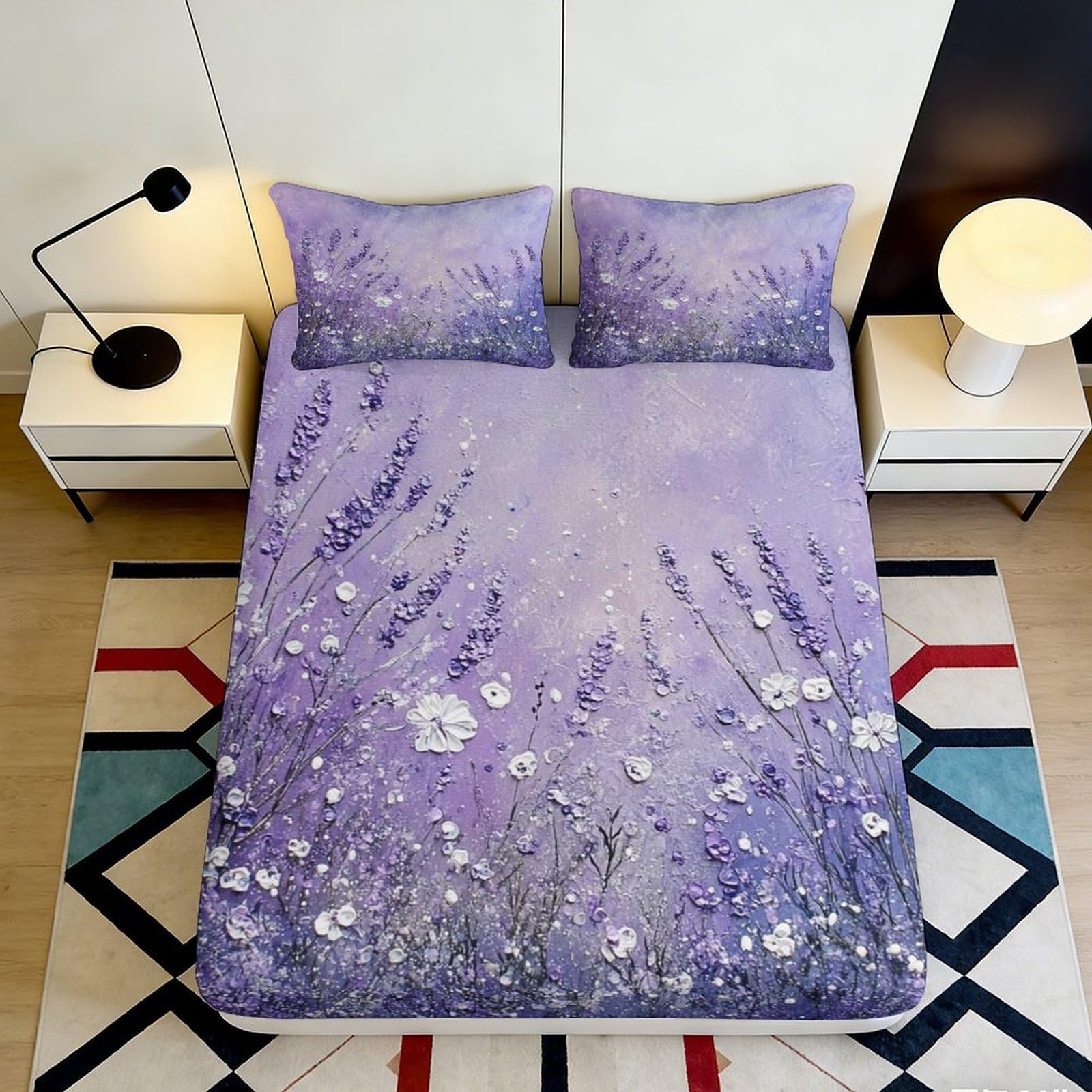 3D Printed Lavender Flower Fitted Sheet Microfiber Soft Purple Meadow Bed Sheet for Bedroom Guestroom Dorm Decor 90x200x25cm