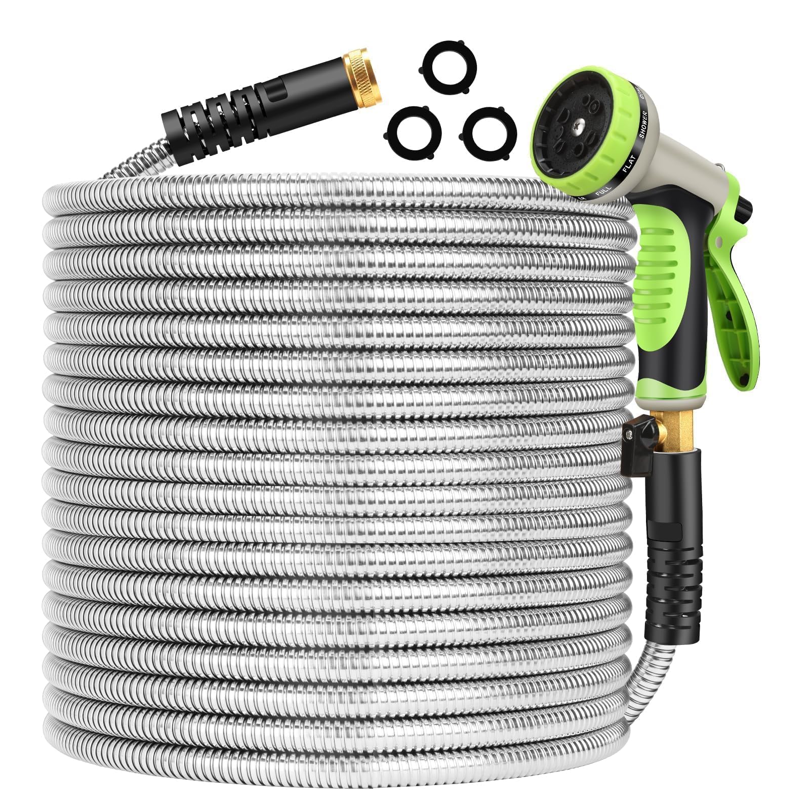 Manguera de jardín de metal flexible de acero inoxidable de 50 pies, resistente, ligera, fuerte, duradera, sin torceduras, manguera larga con boquilla de 10 funciones para patio al aire libre