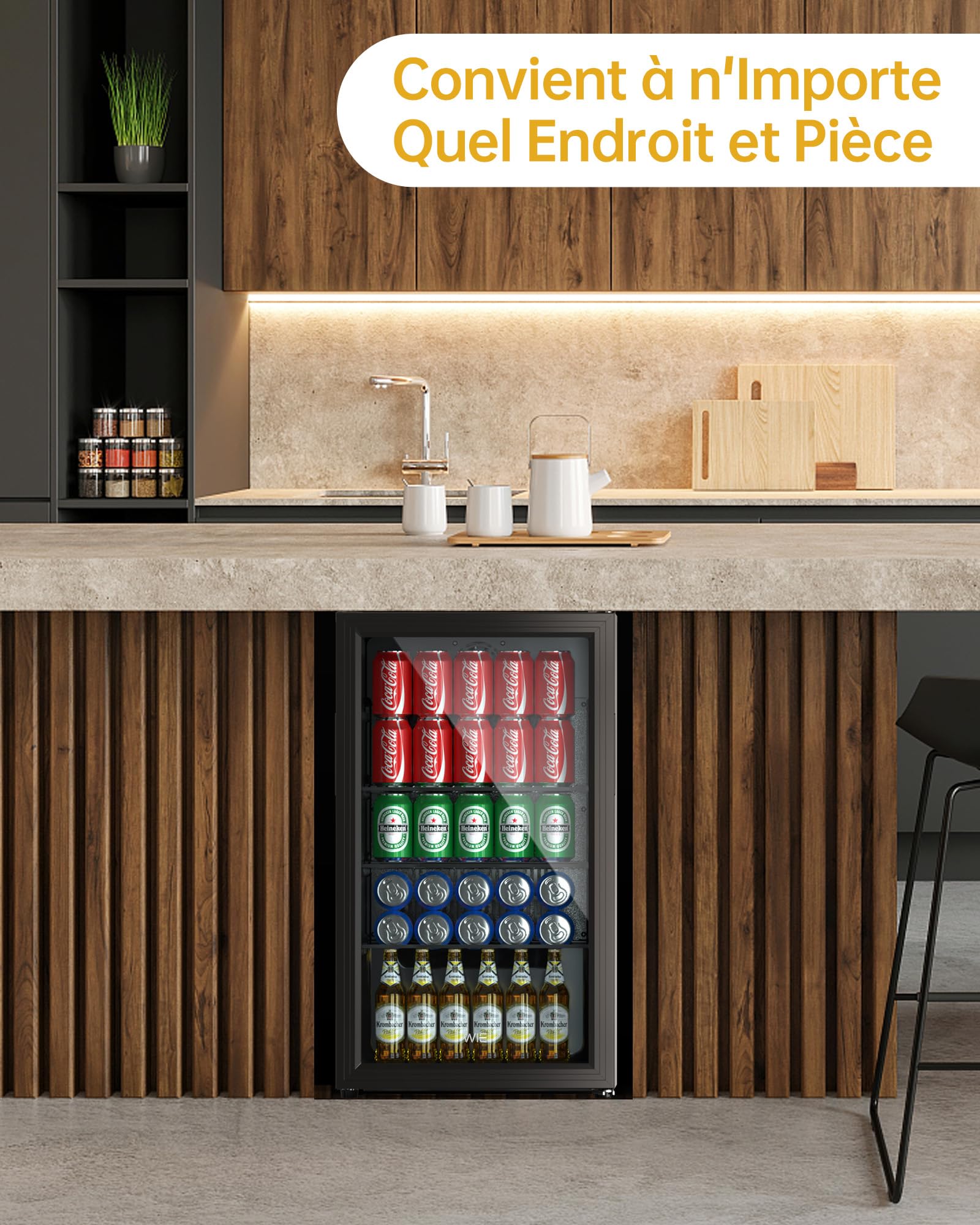 WIE Réfrigérateur Pour Boissons, Mini Frigo 83L Petit Frigo Silencieux de 0-10°C, Mini Bar Intérieur, Pour Salle de Jeux, Fête, Noir