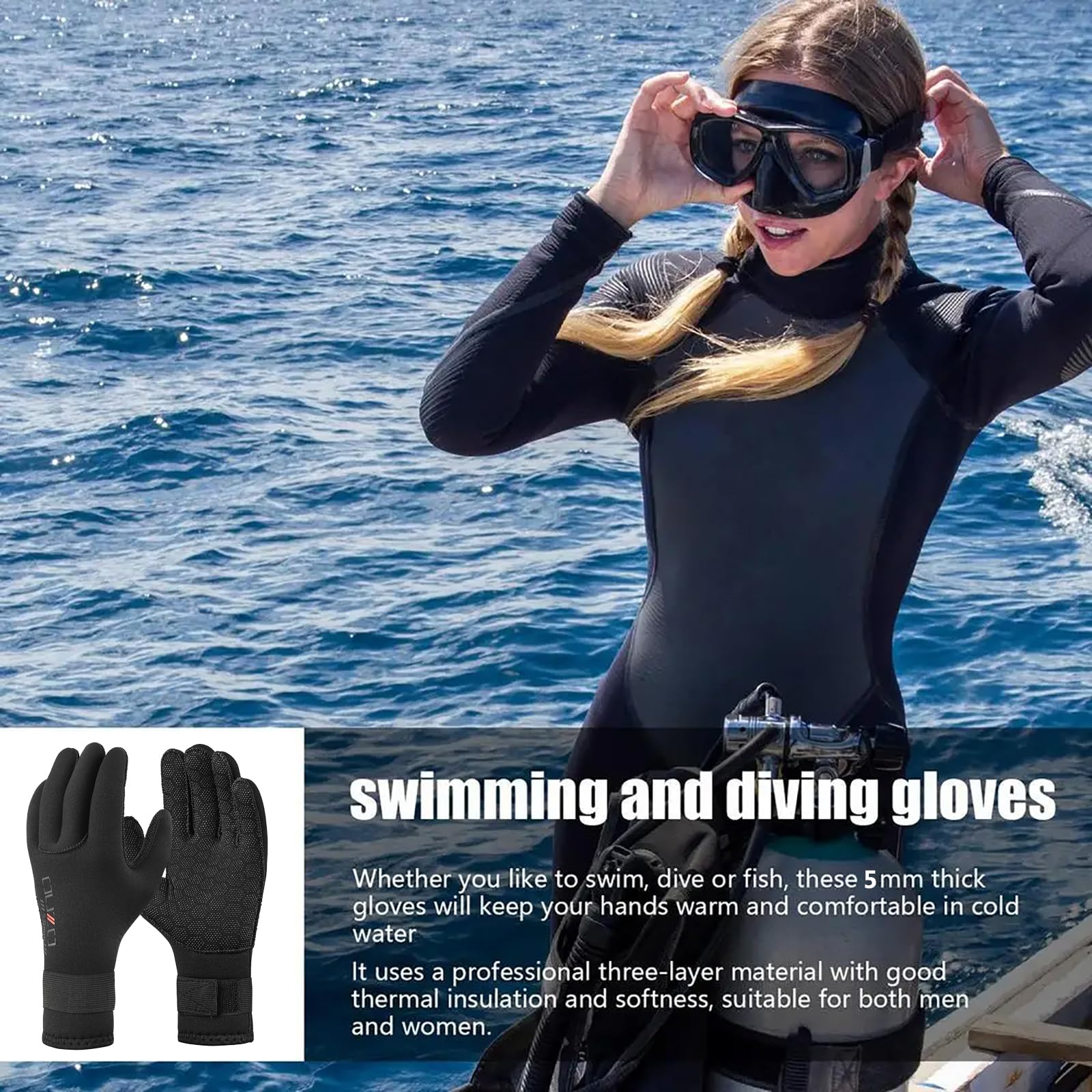 Guanti da muta in neoprene da 3 mm/5 mm, per uomini e donne, antiscivolo, tengono al caldo, con cinghia regolabile, per pesca subacquea, nuoto, surf, kayak