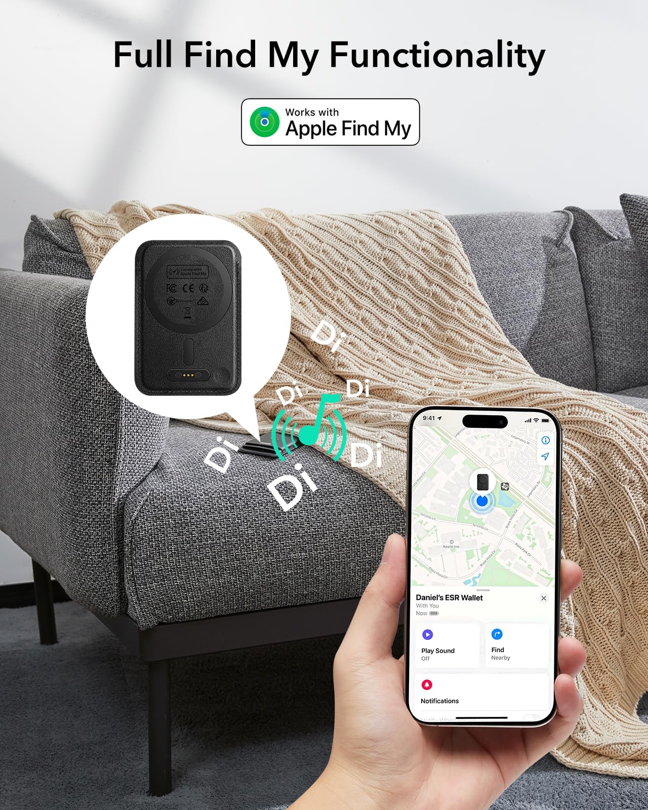 ESR Portafoglio MagSafe con funzionalità Find My, Blocco RFID, Supporto per 5 carte, Magnetico e resistente,Abilitato all'uso dell'app Dov'è,Per iPhone serie 17e/17/16/15/14/13/12, Non per mini, Nero