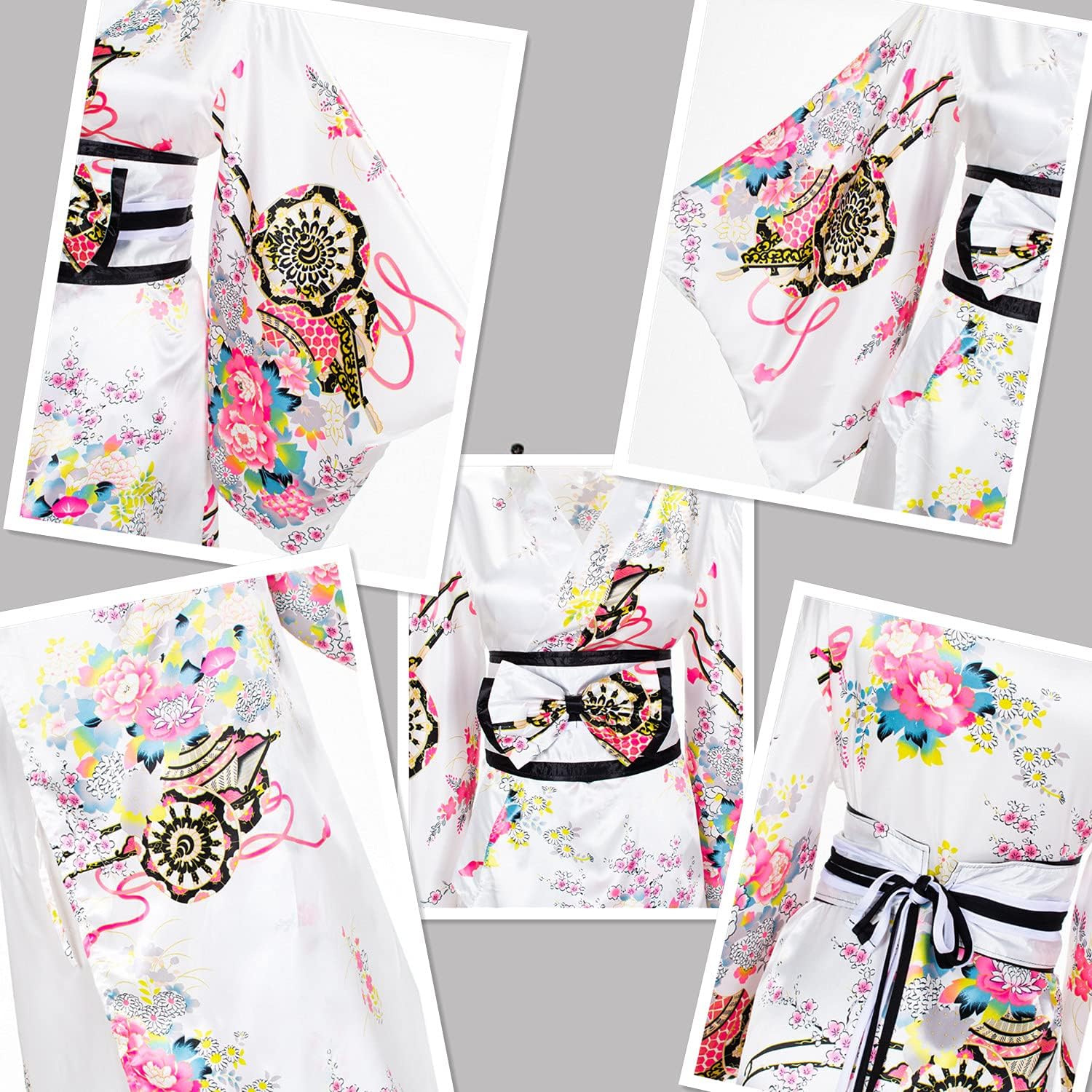 Japanese Anime Women's Kimono Robe Geisha Yukata Sweet Dress Blossom Satin Bathrobe Sleepwear Fans Tabi Socks Set - Image 5