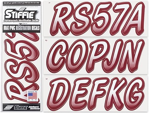 STIFFIE Whipline - Calcomanías de registro para botes y PWC de 3 pulgadas, color blanco y vino, calcomanías de letras de números
