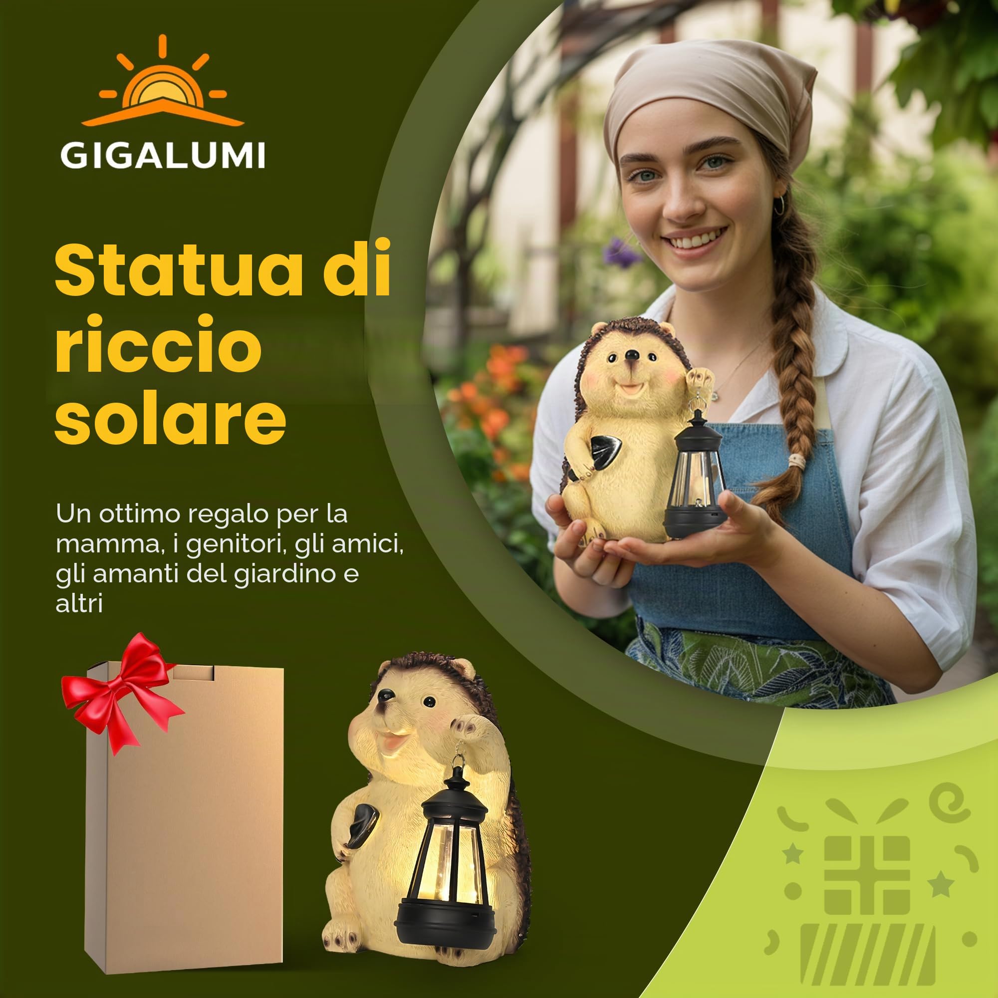 GIGALUMI Ornamenti da Giardino a Forma di Riccio per Esterni con Lanterna Solare, Regali Unici per la Mamma, per Donne, Regalo di Compleanno per Mamma e Nonna, Statue da Giardino Impermeabili