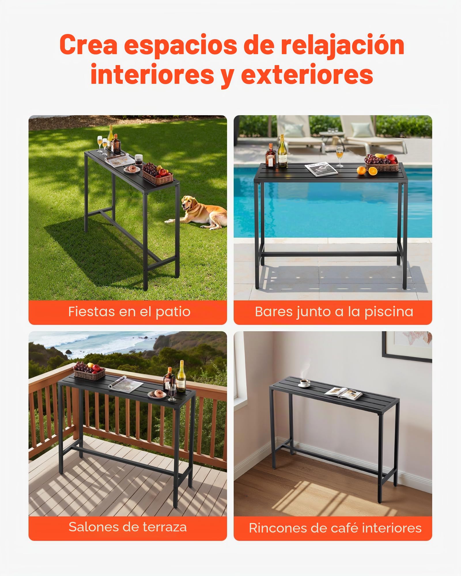 VEVOR Mesa Alta de Bar de Exterior, 1200 x 375 x 980 mm, Mesa de Comedor Rectangular con Tablero Impermeable y Estructura de Metal Resistente, Mueble de Jardín para Patio, Terraza, Piscina, Negro
