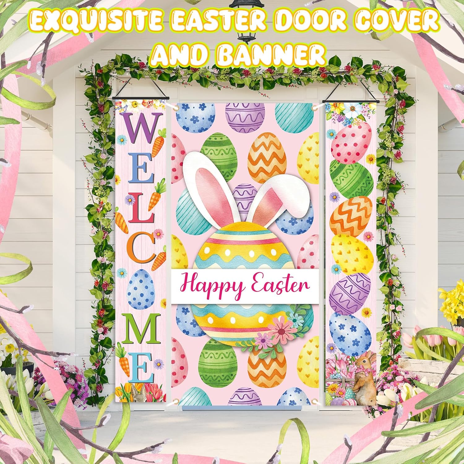 Gilprop 3 Pcs Easter Door Decorations - Easter Door Cover Porch Banner Bunny Decor Egg Banner Porch Sign Hanging Cover for Spring Party Decor Decorations Home Outdoor