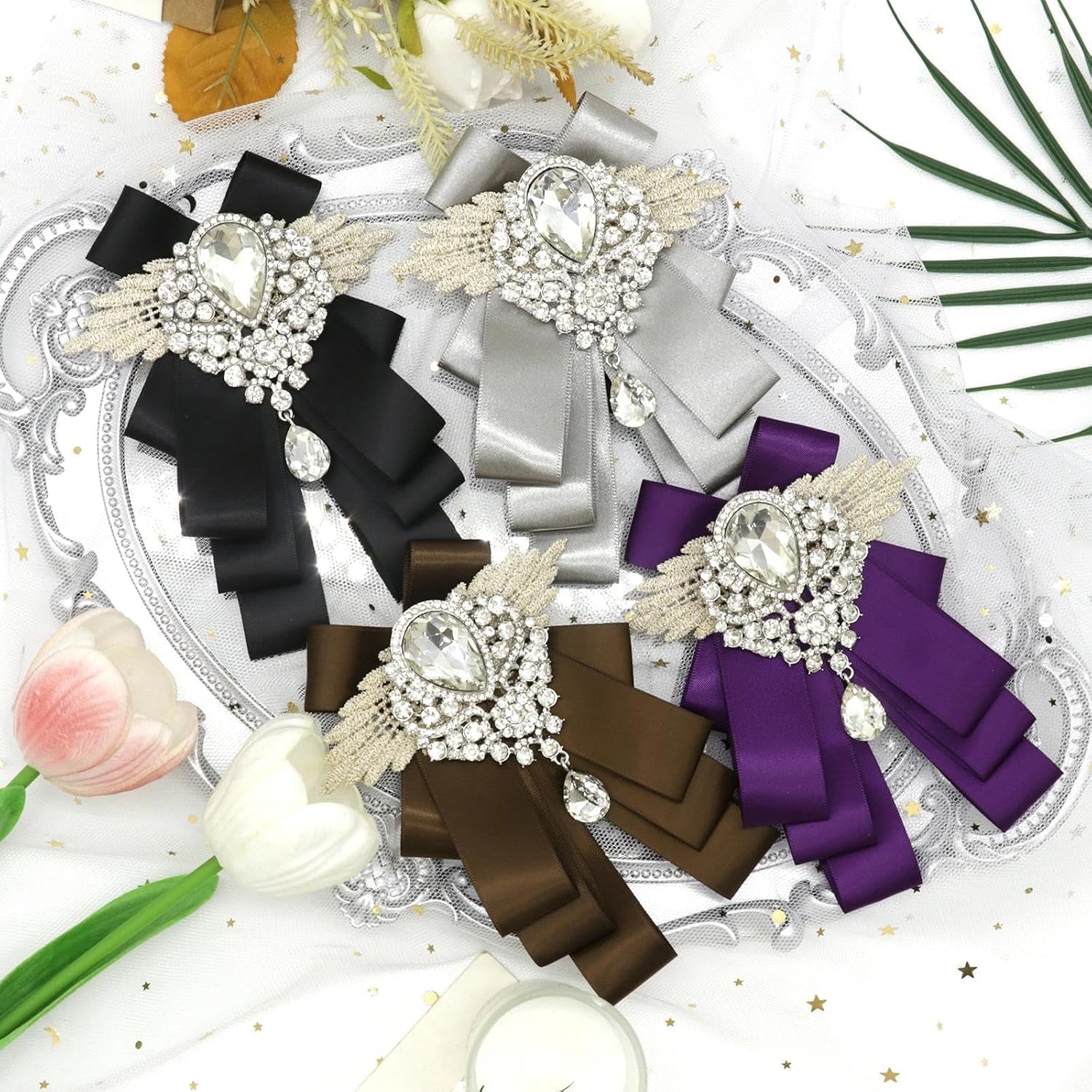 Rhinestone Bow Ties for Men, Pre-tied Bowtie for Prom Party Wedding | Sparkle Style, Adjustable Strap, Quick Wear, Easy Buckle, Many Colors, 5.7 × 4.3 in, Multi-layered Satin Ribbon, Banquet