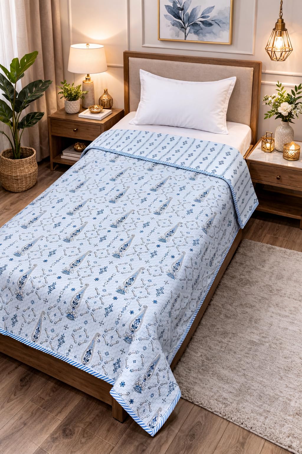 Pure Cotton Reversible 3 Layer Single Bed AC Dohar 90x60 in | Cotton Filled, Piped Edges, Blue Floral Print, Lightweight Blanket, Reversible Design-image-38