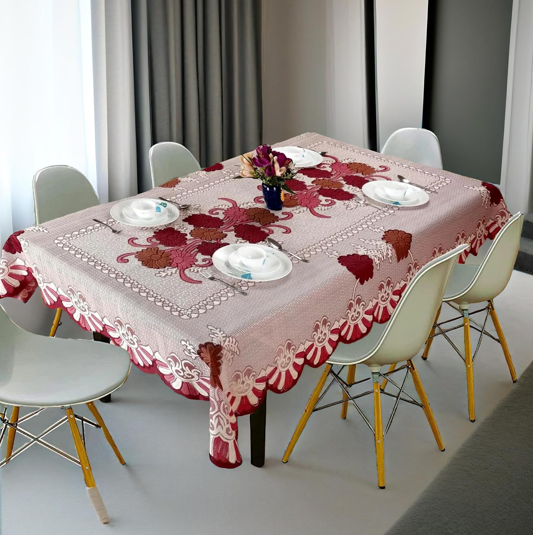Weavers Villa Cotton Dining Table Cloth 6 Seater - 60x90 Inch Cover - Durable Table Protector Cloth - Dining Table Cover 6 Seater Waterproof - Long-Lasting Kitchen/Hall Decor Essentials (Maroon) - Image 2 thumbnail