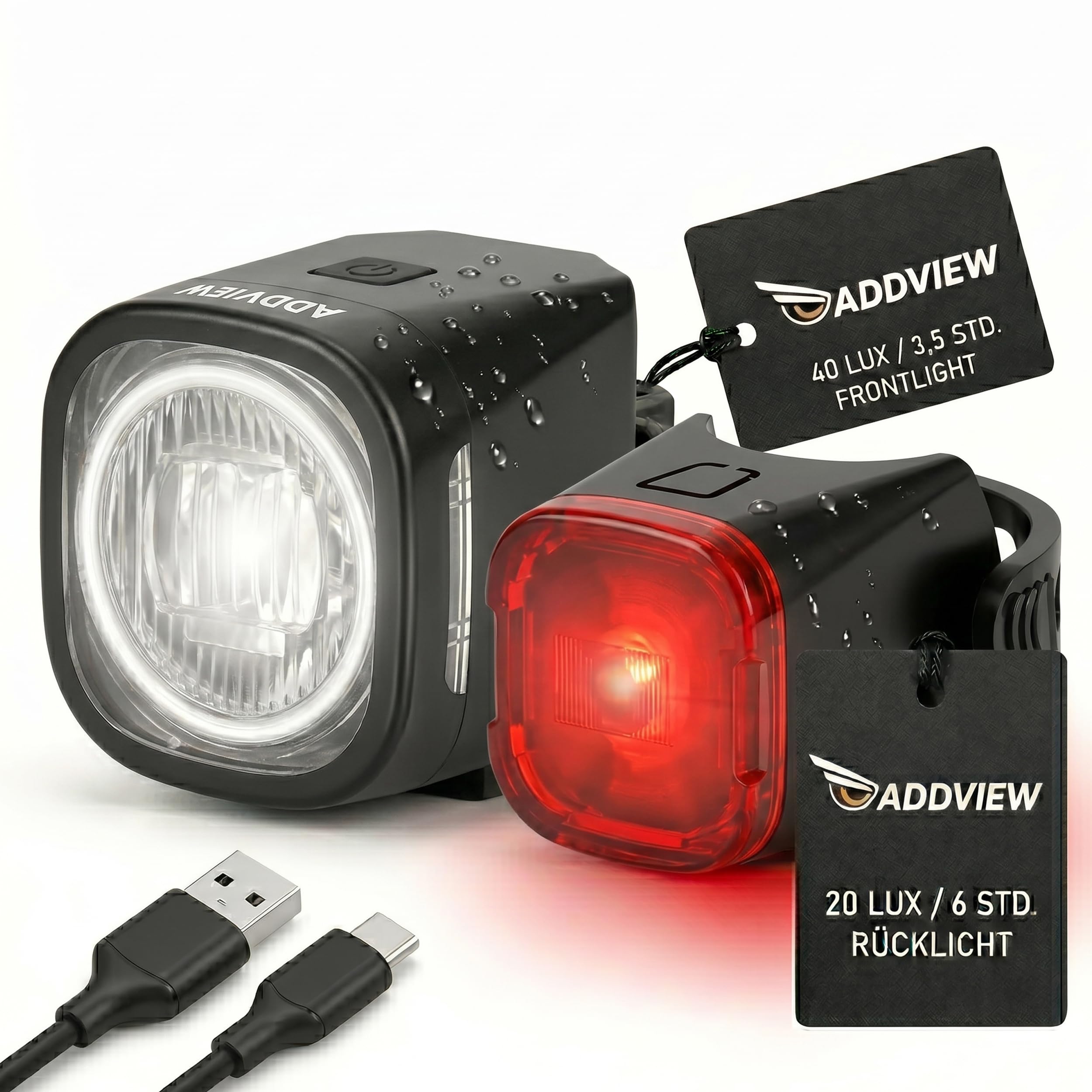 ADDVIEW LED Fahrradlicht Set Twins, StVZO zugelassen, USB Typ C, IP65