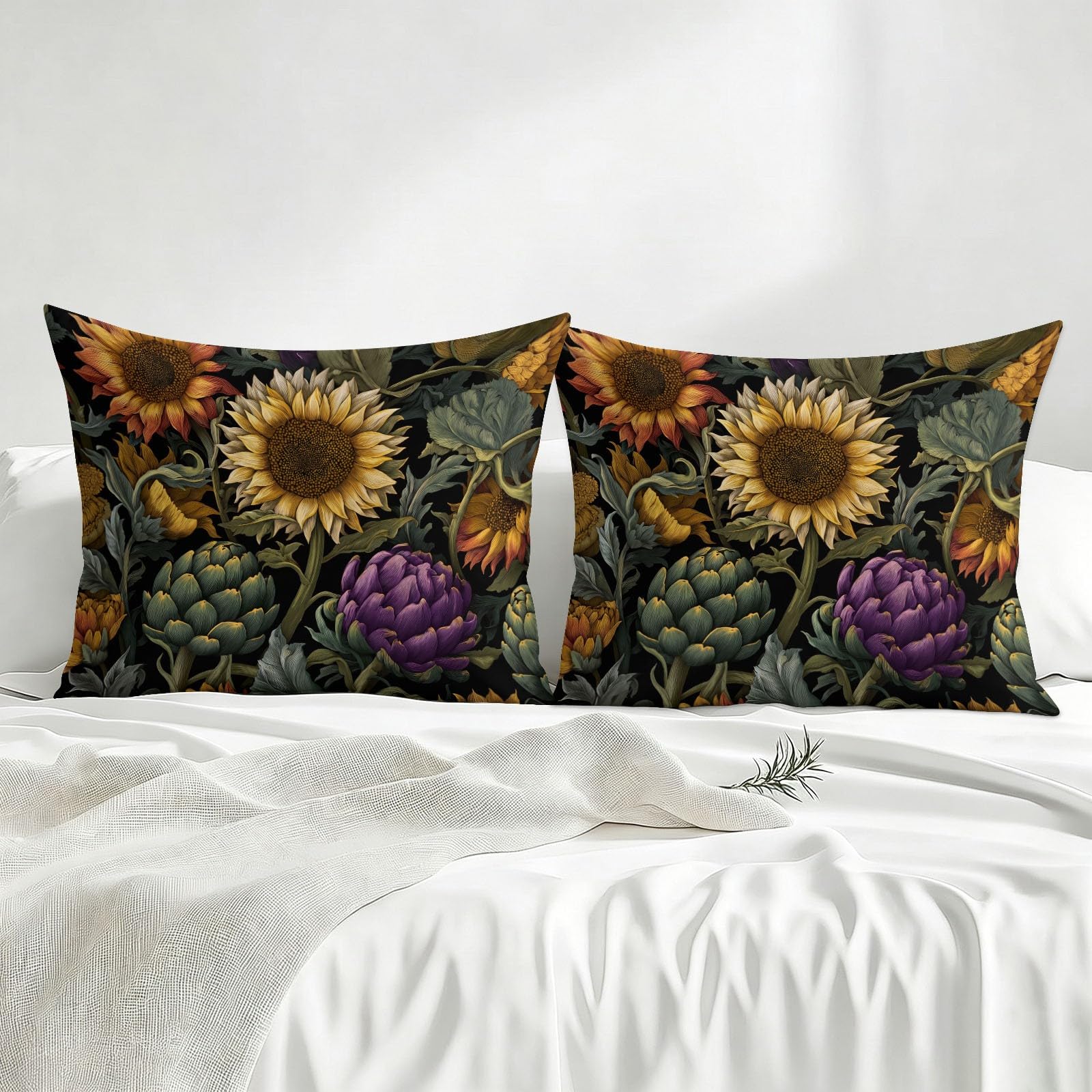 Bettwäsche Doppelbett 3teilig Bettbezug Bettwäsche Set 200x200 cm Floral Pflanze Schwarz Sonnenblume Artischocke Bettbezug Mit 2 KissenbezüGen 80x80 Cm, Mikrofaser Bettbezug Set Mit ReißVerschluss.