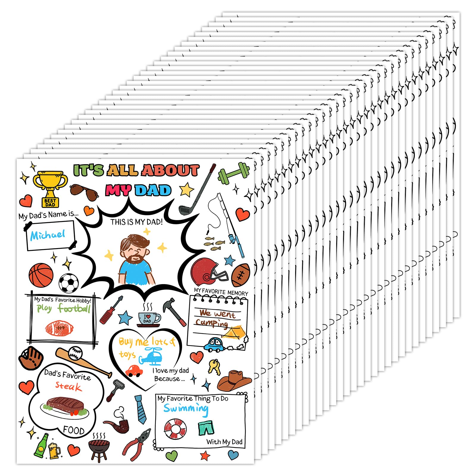 Zoyeven 45 Pcs Father's Day Crafts for Kids Classroom All About My Dad Poster Pack Fathers Day Ideal Project Chart Fill in Posters Coloring Poster