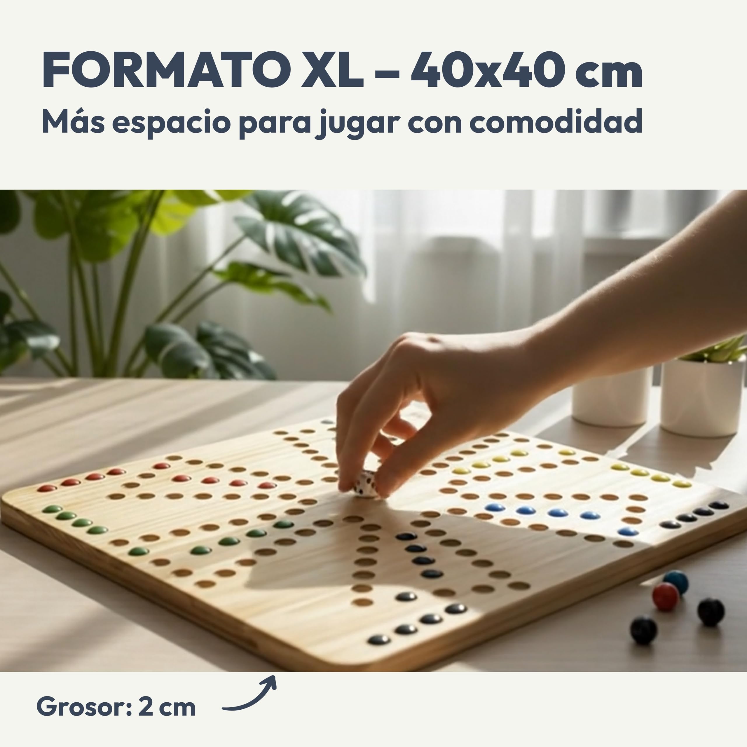 Juego de Ludo/Parchís XL 4–6 Jugadores – Tablero Reversible 40x40 cm de Madera Maciza – Compatible con Tock y Jackaroo – con Cartas o Dados – Incluye Canicas de Cristal