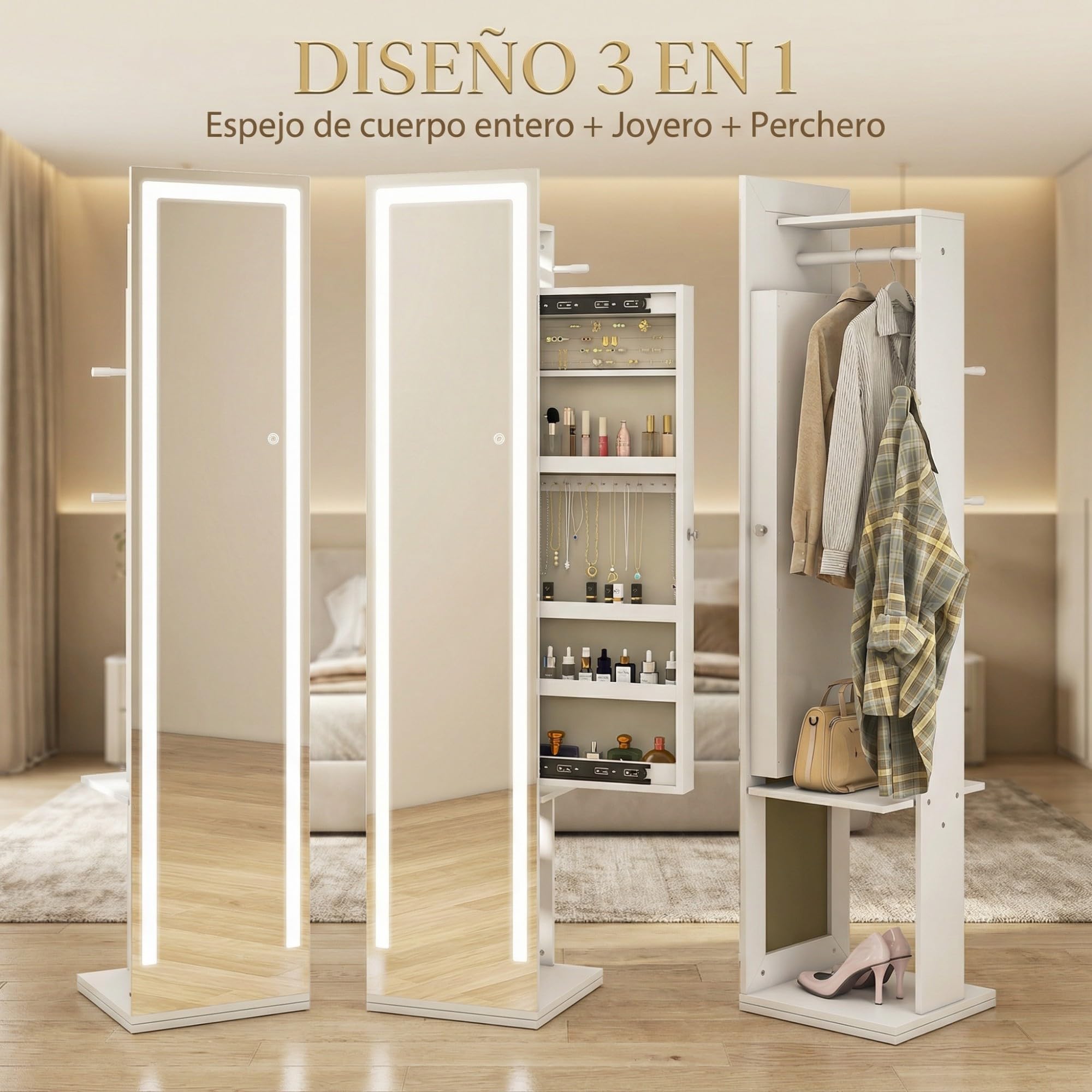 HOMCOM Espejo Joyero con Luces LED, Armario Joyero con Espejo de Cuerpo Entero sin Marco, Armario para Joyas Giratorio 360° con Estantes Abiertos, Perchero y Barras para Colgar, Blanco y Forro Beige
