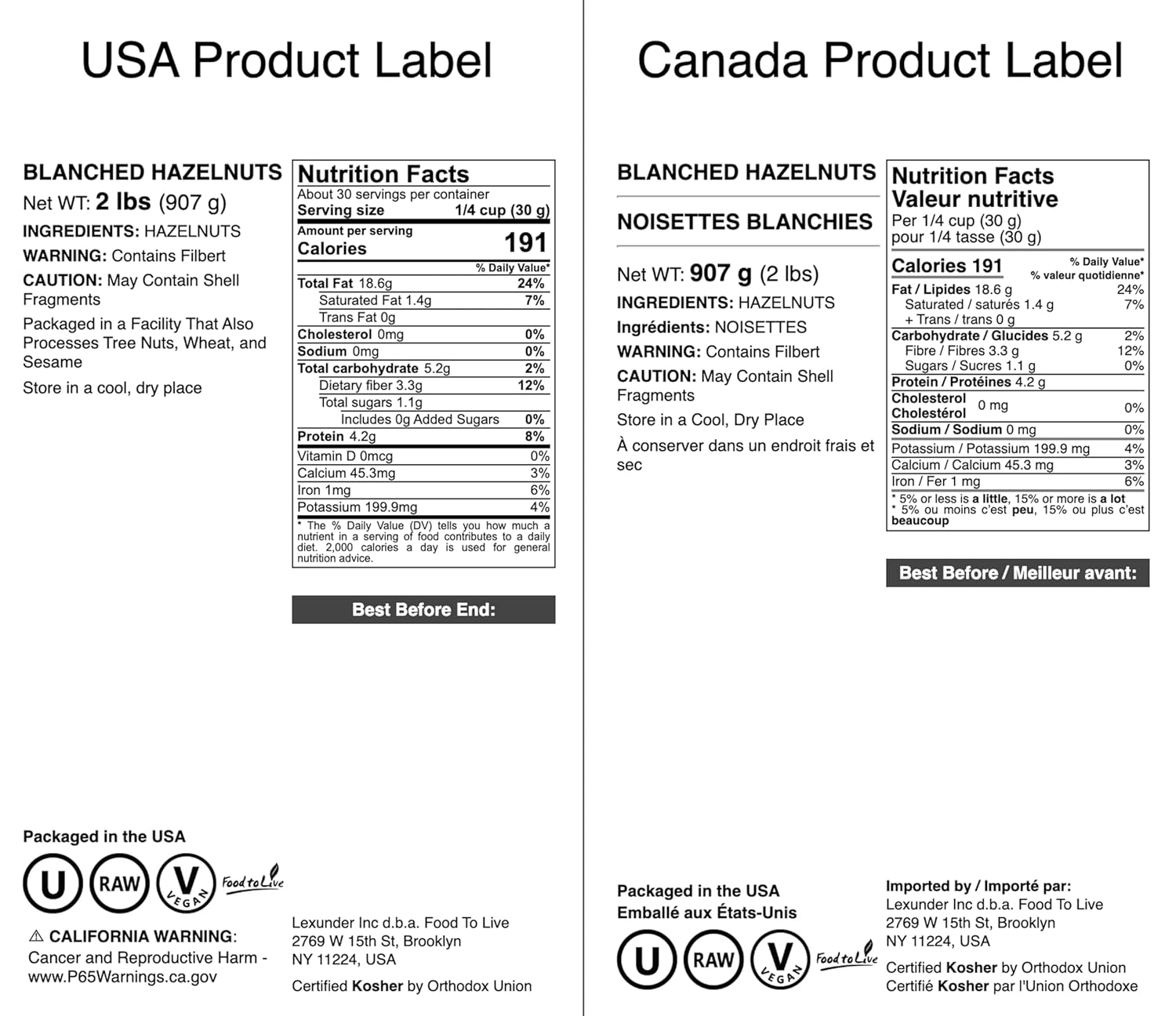 Food to Live Blanched Hazelnuts, 2 Pounds Raw Whole Filberts, No Skin, Unsalted, Unroasted Nuts, Vegan Snack, Kosher, Bulk. Keto. Good Source of Vitamins and Protein. Great for Baking, Granola