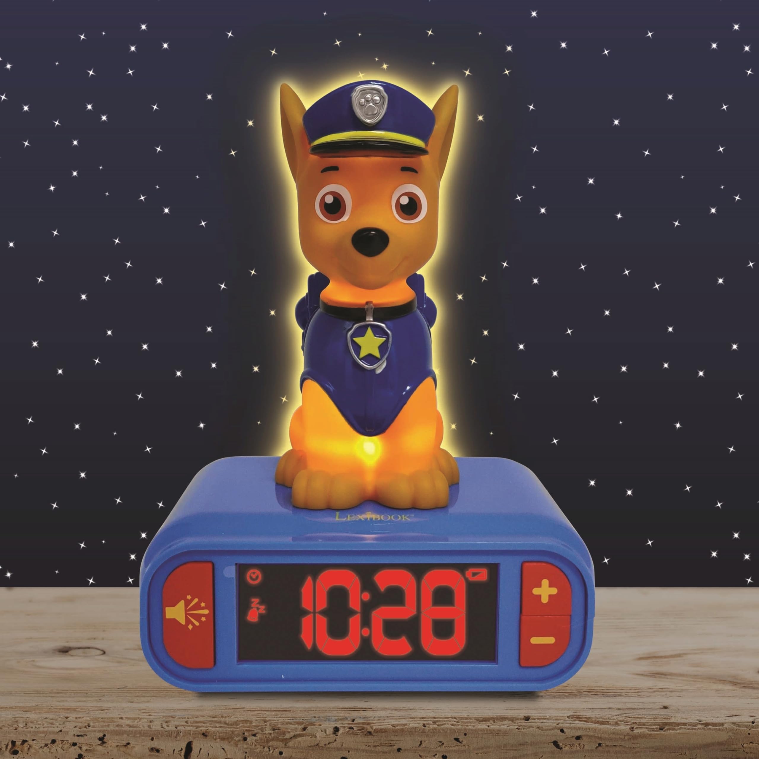 Lexibook - La Squadra dei Cuccioli Sveglia Digitale con Luce Notturna Snooze e Suoni, Orologio, Chase Luminoso Paw Patrol Marshall Cane - Blu/Rosso - RL800PALXB