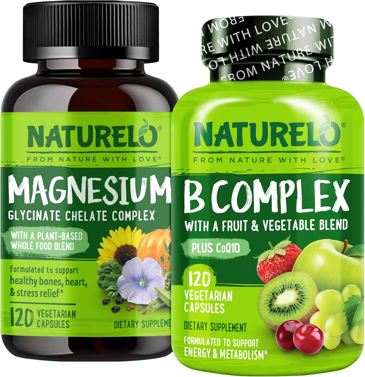 NATURELO Vitamin B Complex with Fruit & Vegetable Blend - 120 Capsules and Magnesium Glycinate Chelate Complex - 120 Capsules Bundle