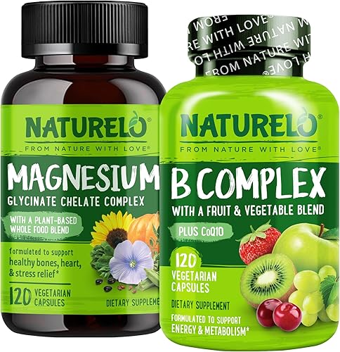 NATURELO Complejo de vitamina B con mezcla de frutas y verduras, 120 cápsulas y complejo quelato de glicinato de magnesio, paquete de 120 cápsulas