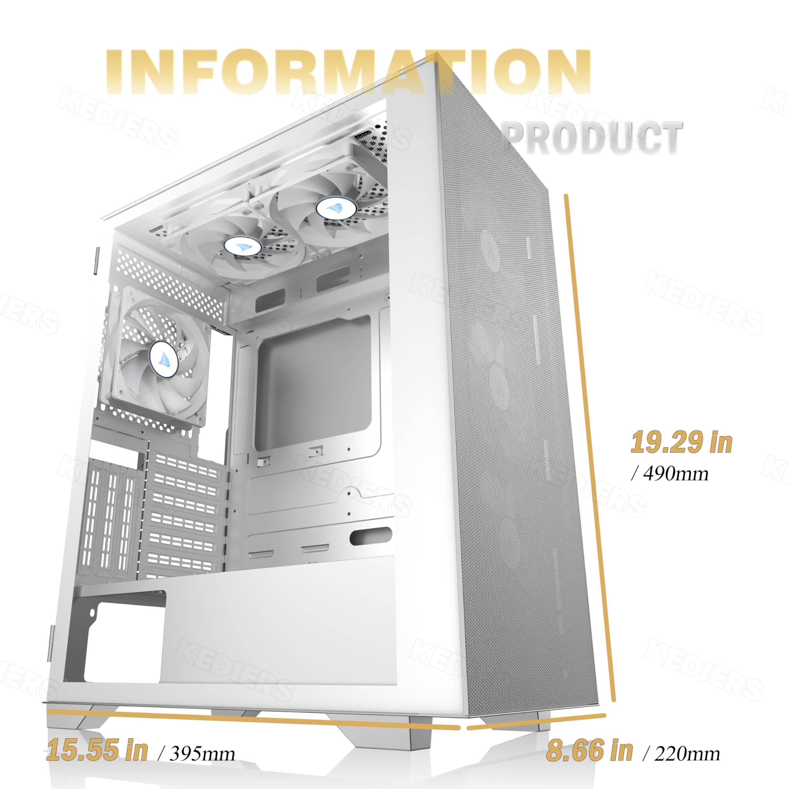 KEDIERS Case PC - 6 ventole PWM preinstallate, custodia da gioco ATX Mid Tower Case per computer a rete con aperture laterali in vetro temperato, G300, bianco