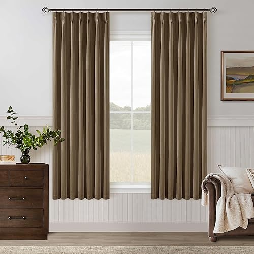 Miniatura 39 de Cortinas de lino 100% opacas de 90 pulgadas con pliegues de 2 paneles para sala de estar, con pestaña trasera plisada, cortinas oscuras con forma de