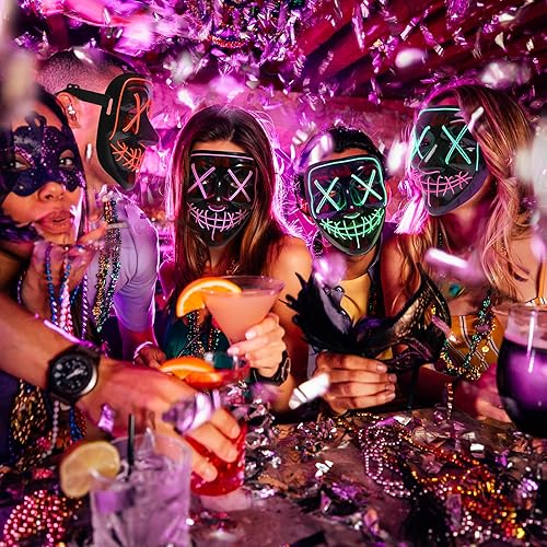 Miniatura 8 de Máscara LED espeluznante de Halloween, luces intermitentes activadas por voz, 5 modos, máscara de miedo que brilla en la oscuridad para fiestas y