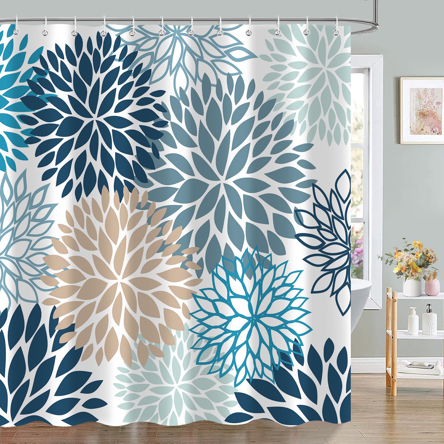 JAZEAOI Blue Grey Floral Shower Curtain 72x72 Inch, White Brown Tan Dahlia Flower Bath Curtain Gray Waterproof Shower Curtains for Bathroom Decor with
