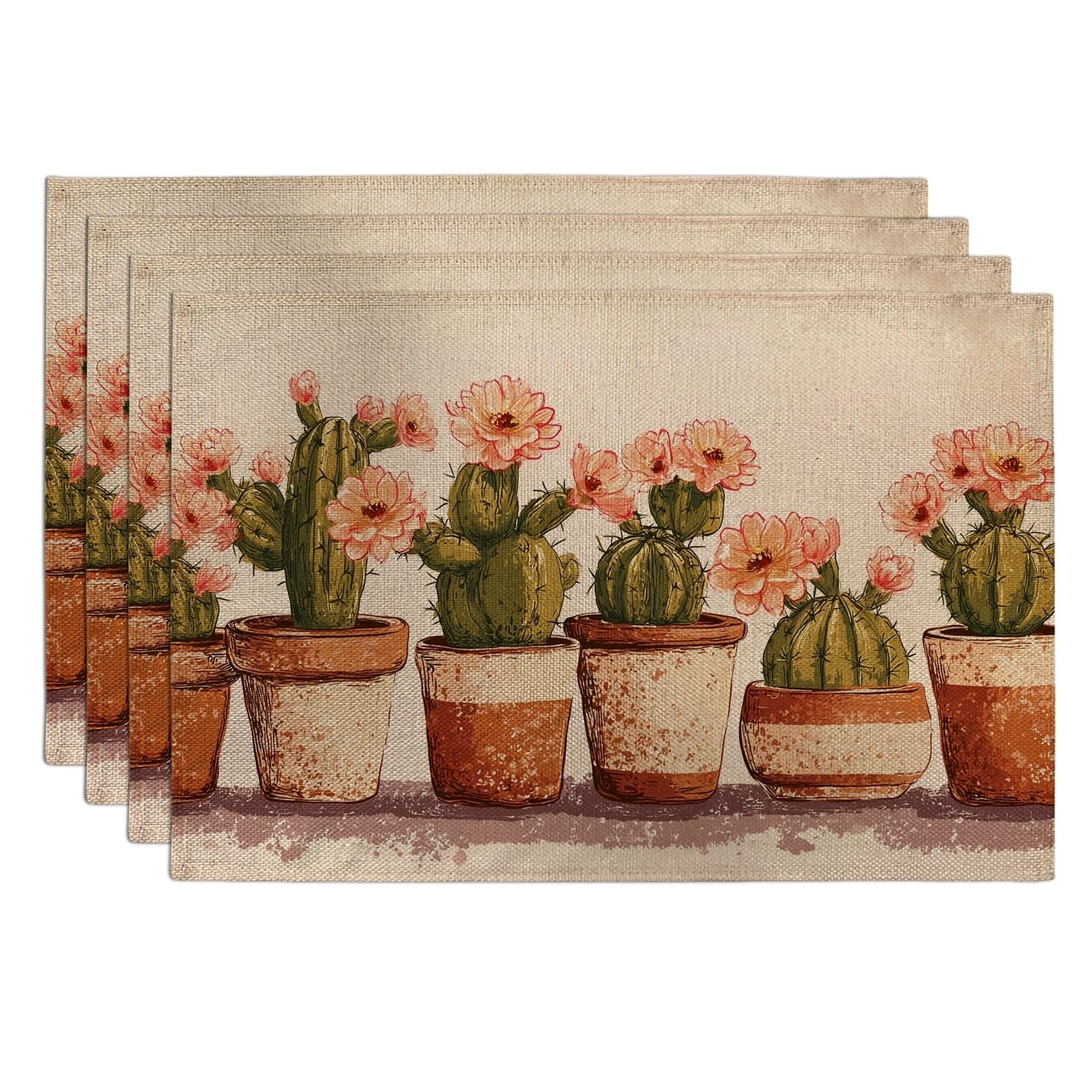 Cactus Flower Placemats, Peach Desert Botanical Place mats for Dining Table, Non-Slip Washable Indoor Outdoor Party Decorative Placemat Set of 4