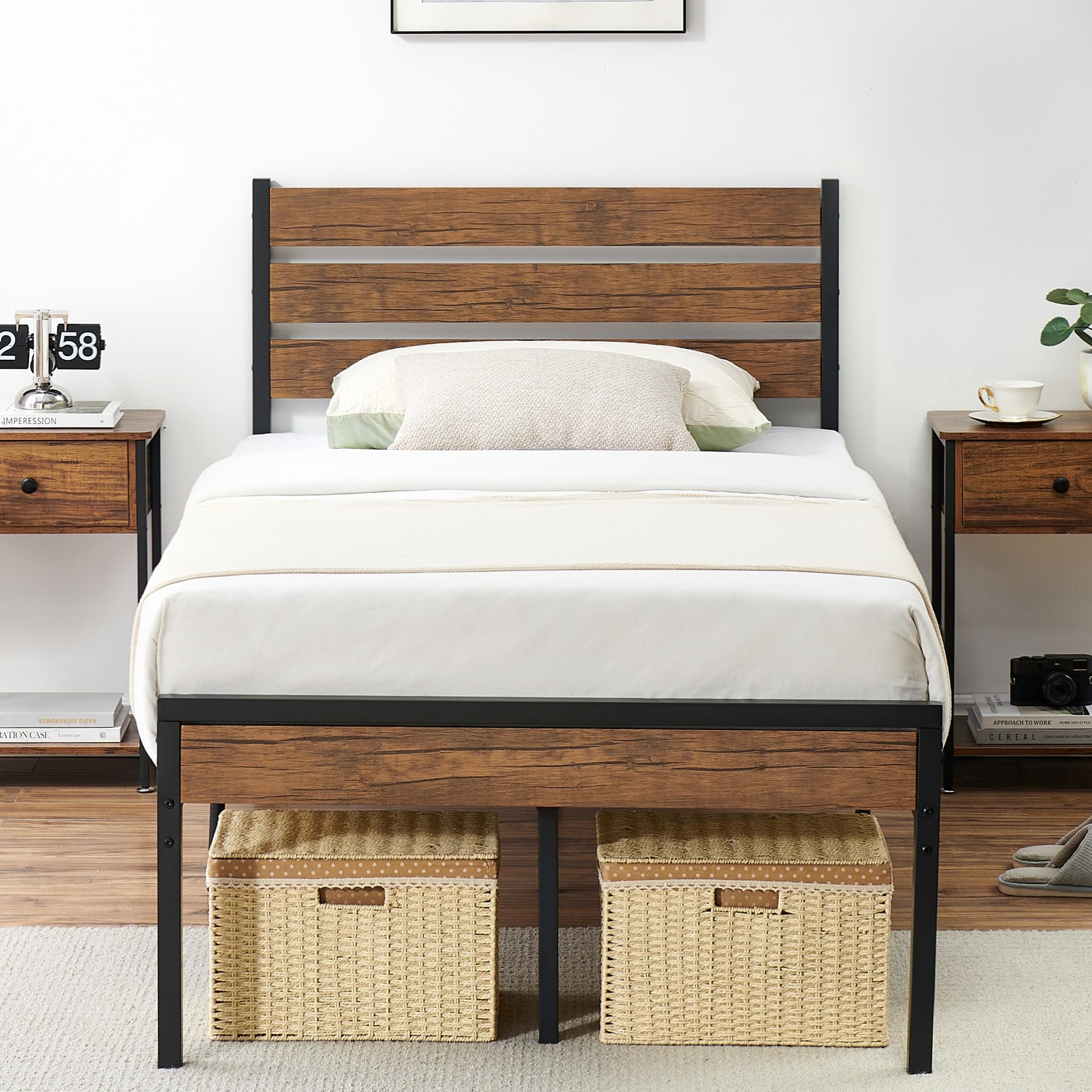 Alkmaar 12 Inch Twin Size Bed Frame Platform with Headboard and Footboard No Box Spring Needed Metal-Wood Platform Bedframe, Easy Assembly Brown