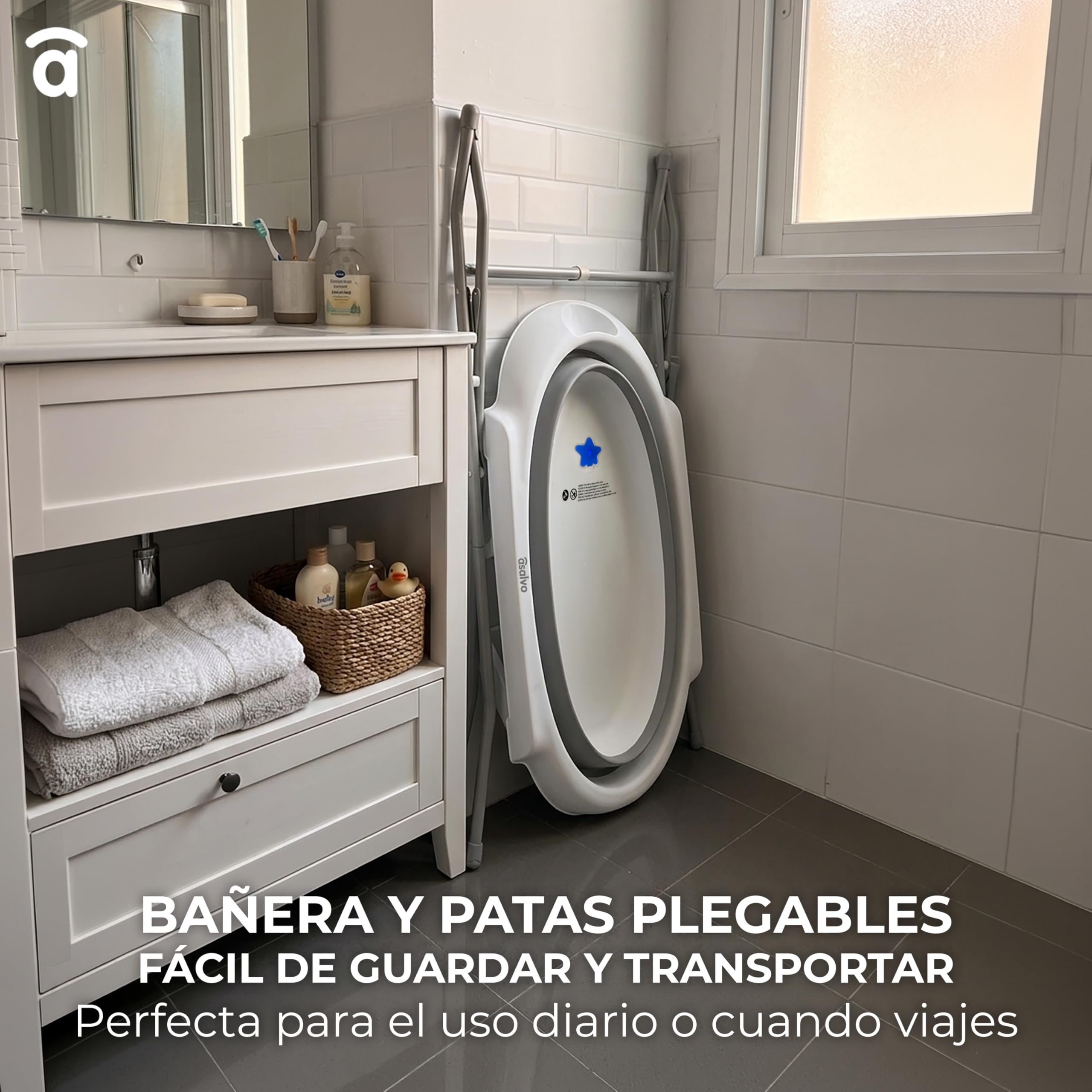 Asalvo LUIGI Bañera Plegable Bebé y Recién Nacido para Ducha, Baño Portátil para Niños, Diseño innovador, Con patas y reductor, Blanco