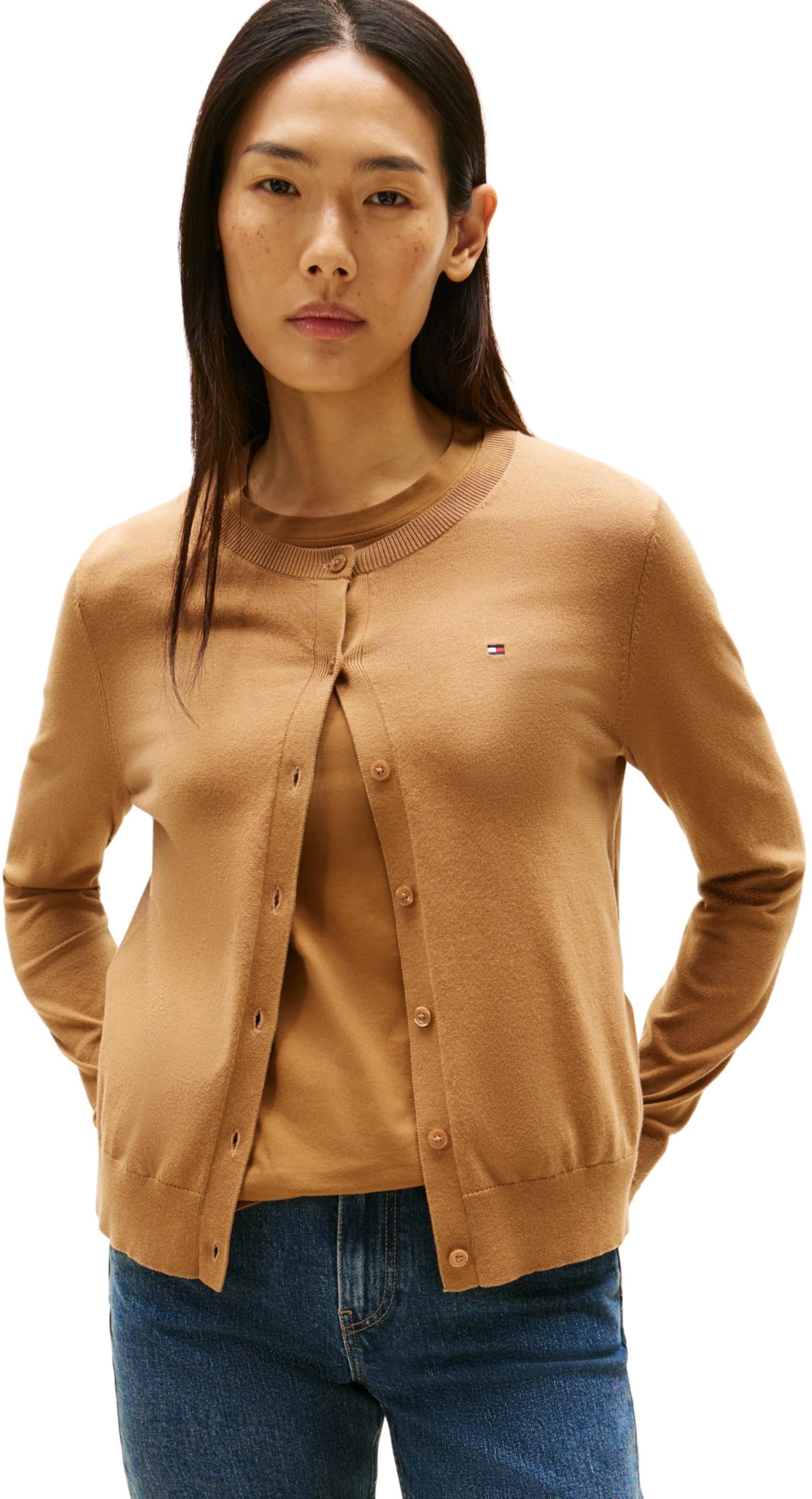 Tommy Hilfiger Women's Elegant Jersey Stitch Cardigan, Brown (Hickory), S