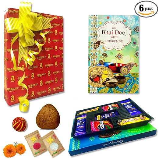 Almoda Creations Bhai Dooj Gift Set- Greeting Card, Real Dry Coconut(Gola) with Customized Hand Written Message Option, Cadbury Celebration Chocolates, Moli Thread, Tilak Pouch & Gift Wrapping