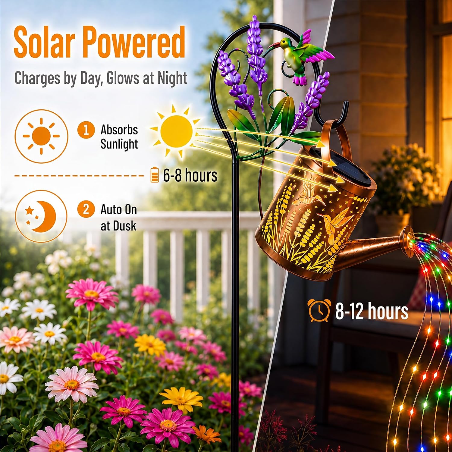 Solar Lights Garden Decor, Hummingbird Solar Watering Can Lantern, Waterproof Colorful Outdoor Light, Birthday Gifts for Mom Grandma Women, Garden Lights for Yard Pathway Patio Lawn (Lavender)