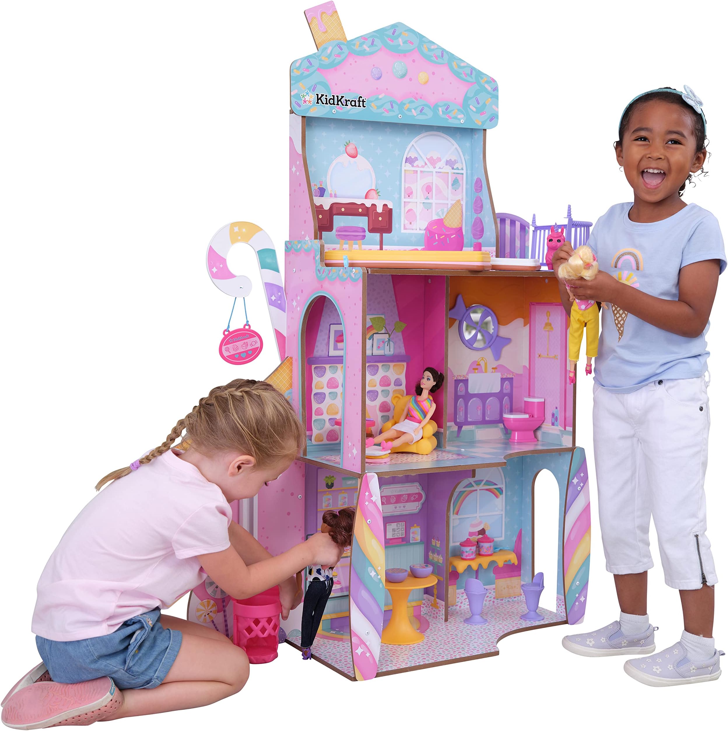 Candy Castle Wooden Dolls House with Furniture and Accessories, Play Set with Llama Unicorn Figurine, Ice cream Cone Lift and Gummy Bear Chair for Dolls, Kids' Toys, 20242