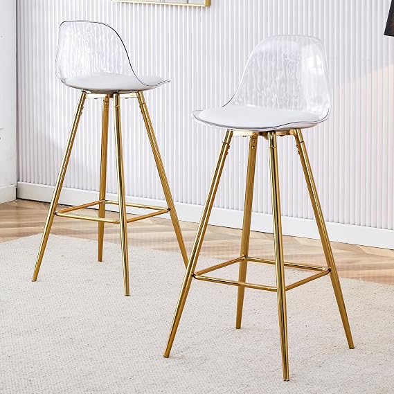 Bar Stools Set of 2,Counter Height Barstools with Back,Modern Acrylic White Clear Back and PU Leather Kitchen Chairs with Gold Metal Legs,Dining Chair Ideal for Kitchen Counter Dining Island Bar Pub