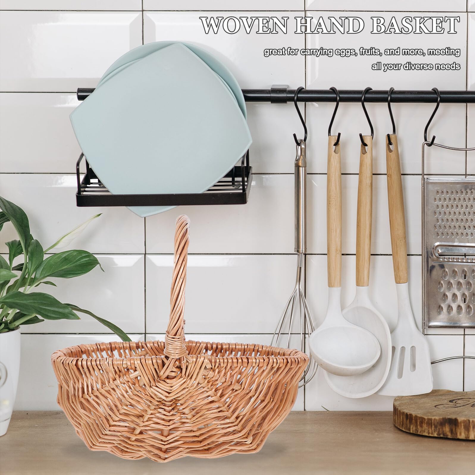 Housoutil Cesta Tejida a Mano de Mimbre Natural Pequeña Ovalada con Asa Cesta para Recoger Huevos y Frutas Portátil para Jardín y Actividades al Aire Libre
