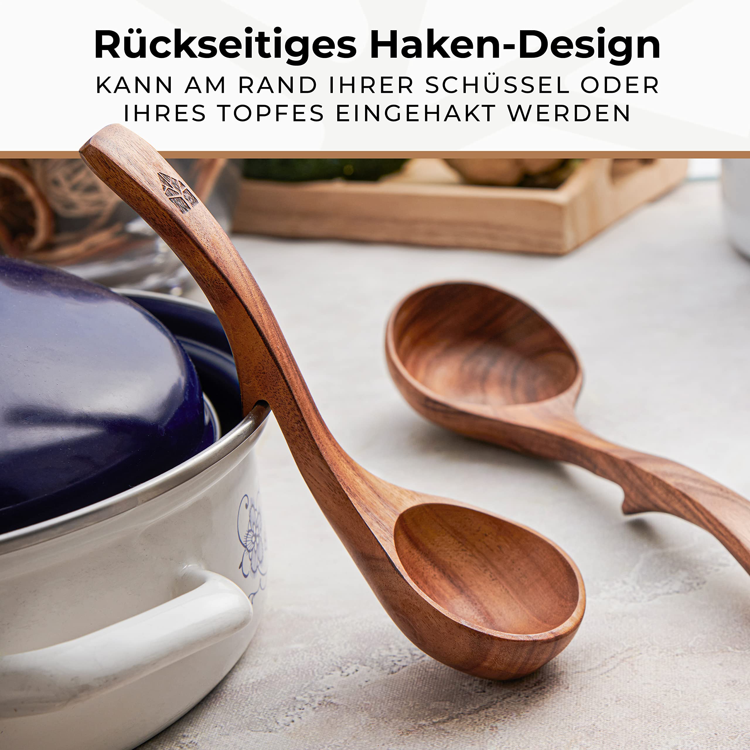 Suppenkelle Holz Set, 3-teilig aus Teakholz - Robustes & nachhaltiges Holzkochlöffel Set - BPA-FREI Schöpflöffel in Groß, Mittel und Klein - Verschiedene Größen für unterschiedliche Kochaufgaben