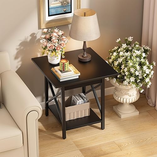 Miniatura 7 de GreenForest Mesa auxiliar de 24 pulgadas para sala de estar, mesas auxiliares cuadradas grandes con marco en X, mesita de noche industrial alta con