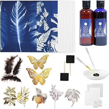 Cyanotype Paper Kit - Sun Print Nature Printing Kit, DIY Cyanotype Craft Projects, 2 Cyanotype Sensitizer, 6 Sheets A4 Paper, Material Kits, High Sensitive Solar Activated Art Printing for Crafting