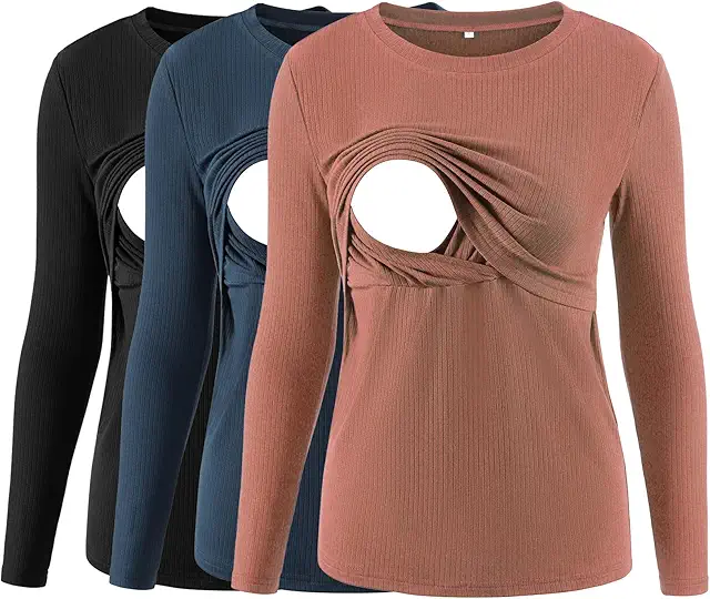3er Pack Damen Stillshirt Gerippte Langarm Stilltops für Oberteile Stillen