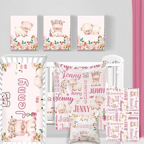 Miniatura 9 de Juego de ropa de cama personalizado para cuna, cómodo juego de cuna de 5 piezas, diseño de animales de dibujos animados, manta con nombre