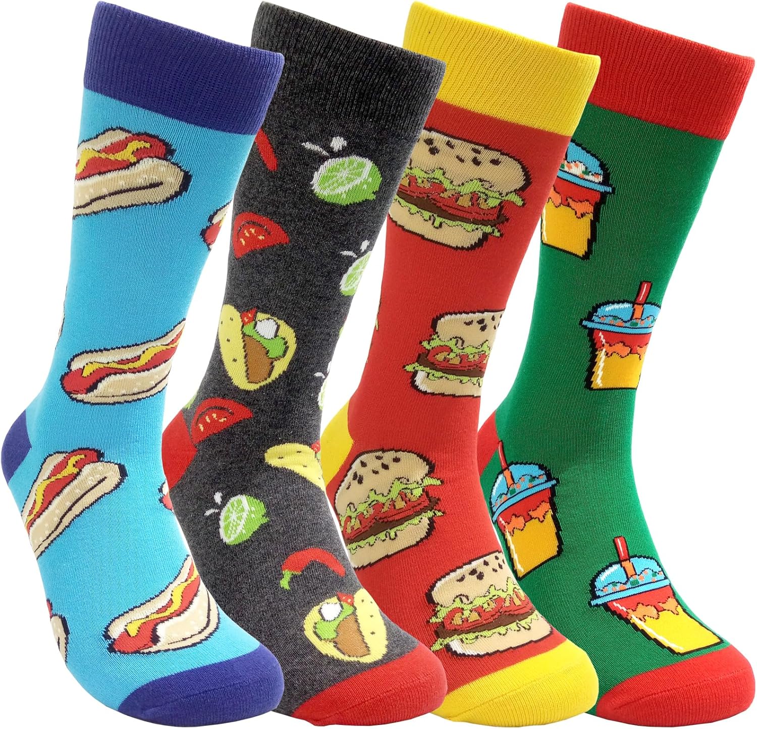 HSELL Mens Funny Dress Socks with Novelty Food Pattern Crazy Fun Design Breathable Cotton Sock Gift for Men (4 Pairs - Tacos/Hotdog/Burger/Beverages)