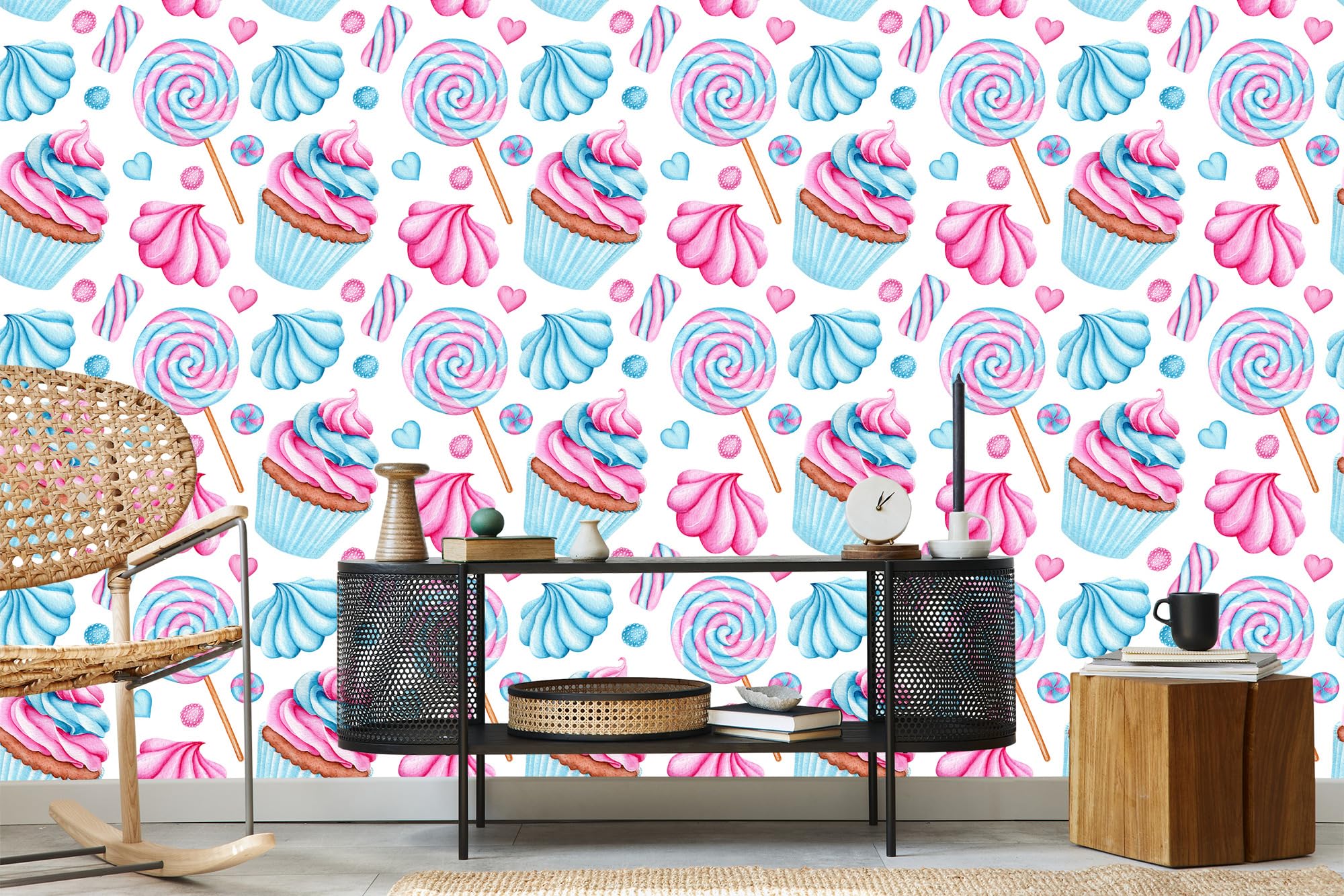 Vliestapete Bunte Cupcakes und Lollis 50 x 1000 cm | Appetitliche Genussdarstellung; Lebendige Küchenkulisse; Frischer Farbakzent; Kleister im Set