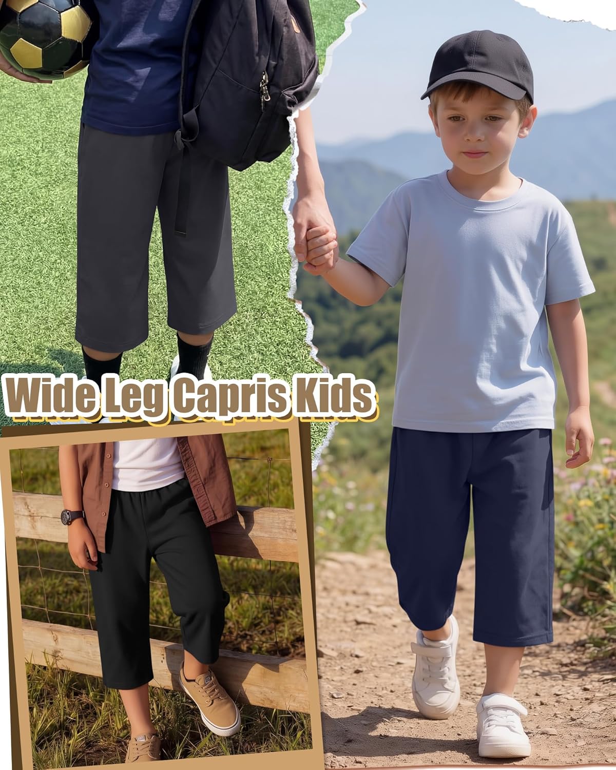 3 Pack Boys Capri Pants Kids Pull On Capris Elastic Waist 3/4 Sweatpants Below Knee Loose Shorts with Pockets
