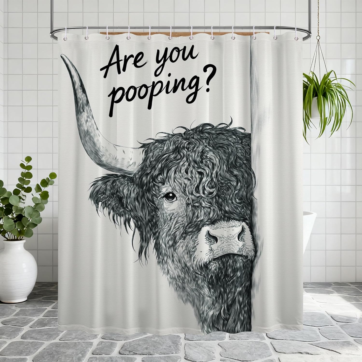 Extra Long Funny Shower Curtain Extra Tall Highland Cow XL Farm Animals Shower Curtains for Large Bathroom Decor Sets, Waterproof Cloth Fabric with Hooks, 70x96 Inch