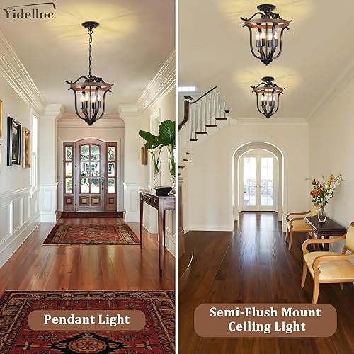 Miniatura 5 de Yidelloc Candelabro negro de granja 4 luces, candelabros de jaula vintage E12 base lámpara de techo semiempotrada lámpara colgante para comedor,